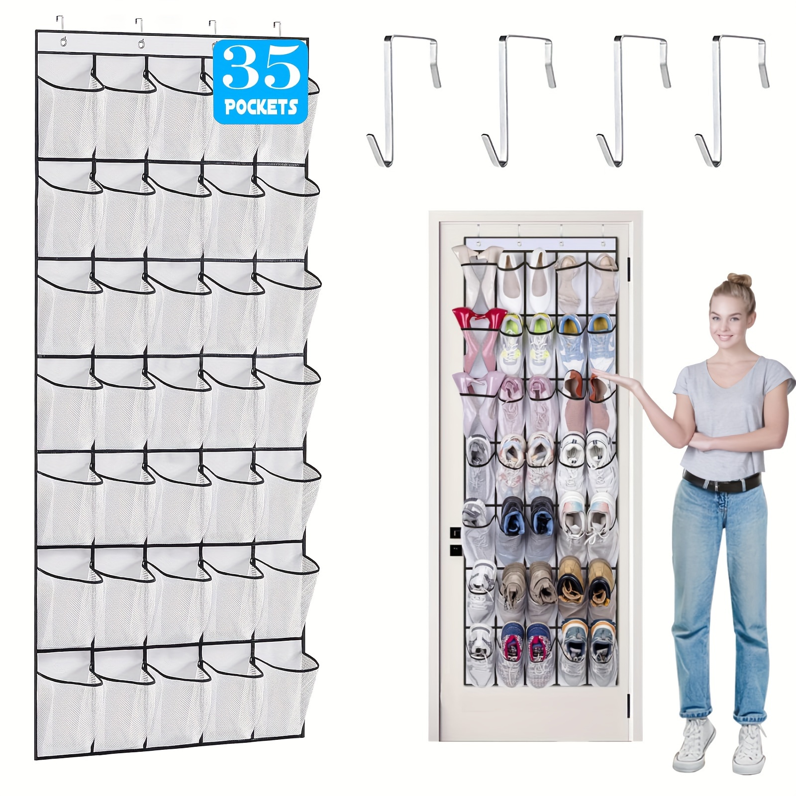 

1pc 35 Large Pockets Over-the-door Shoe Organizer, Sturdy Oxford Fabric Hanging Shoe Rack With Mesh Pockets