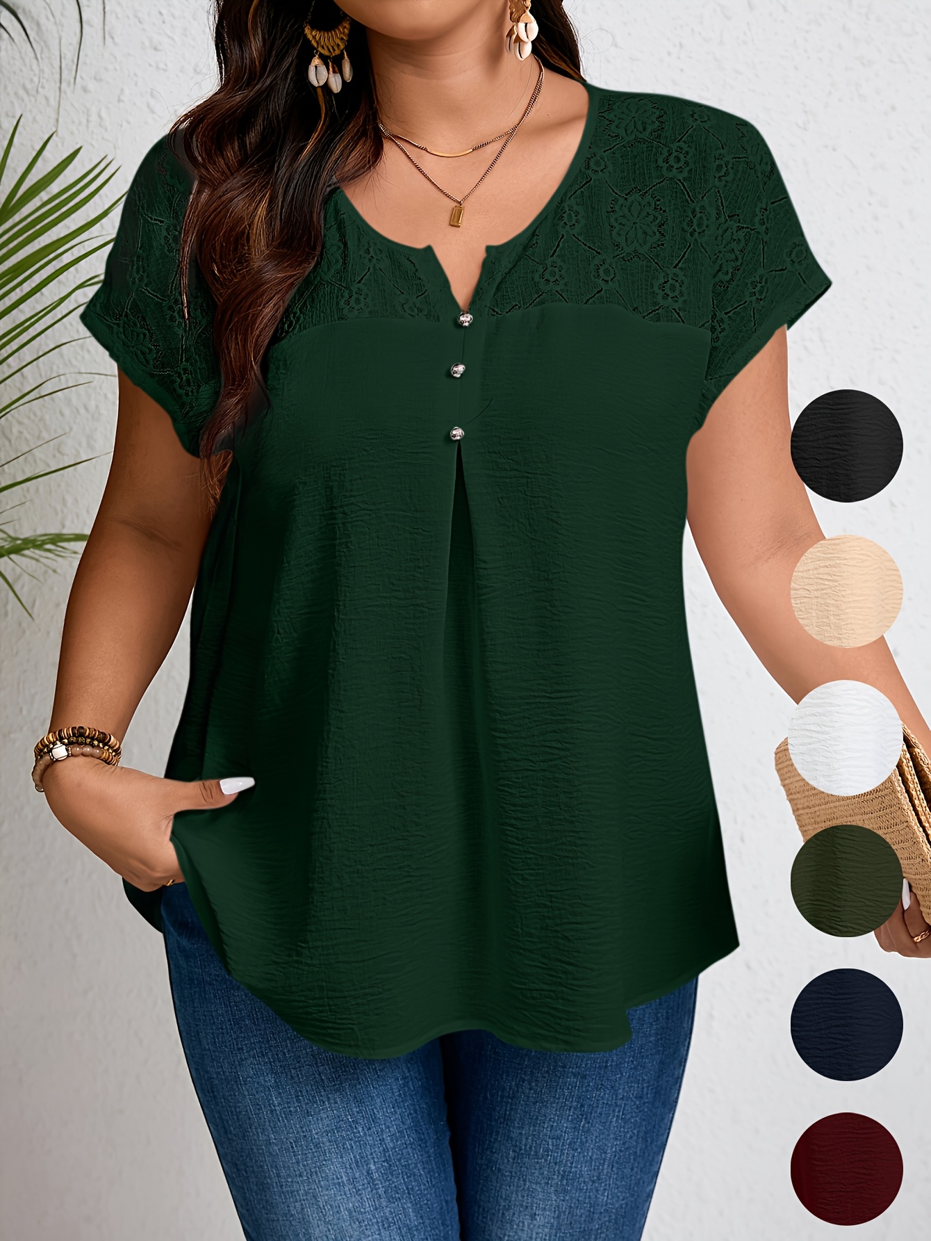 Women'S Plus Size Casual Top - Elegant Maroon Blouse with Contrast Lace Detail, Non-Stretch Fabric, Perfect for Spring/Summer/Fall, Plus Size Blouses
