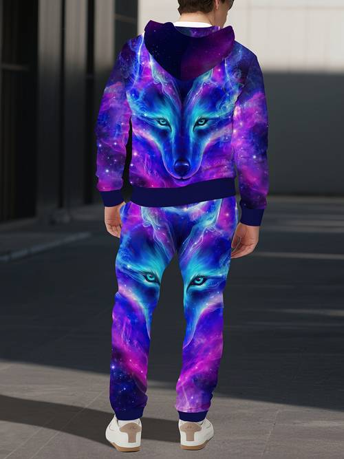 blue purple gradient full print mens sportswear set starry wild nebula wolf long sleeve hooded sweatshirt drawstring casual 2pcs set for men and women couples