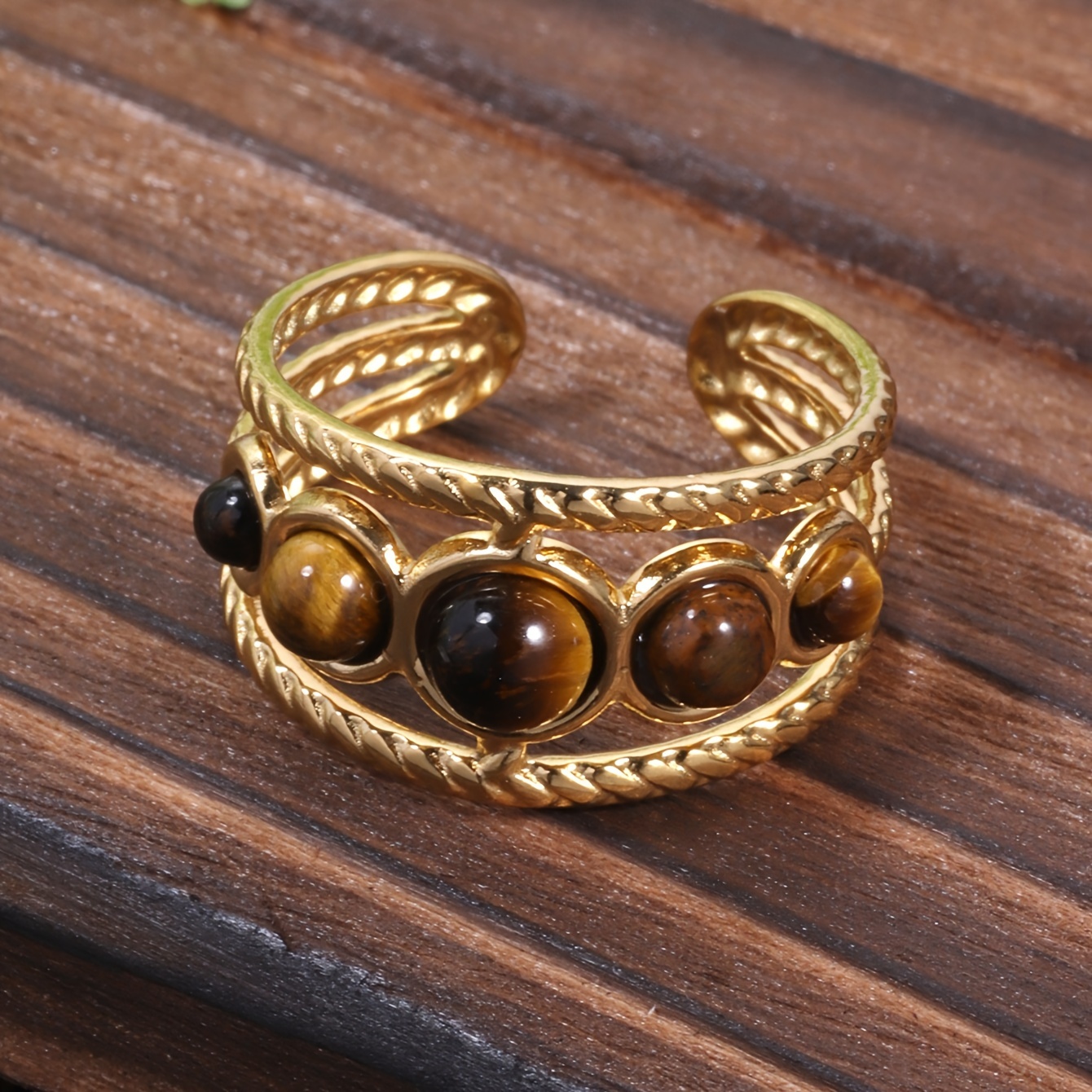 Image of Round Hollow Ring With An Opening Adjustment Set Natural Stone Stainless Steel Golden Easy Style Gift Banquet Jewelry Light Luxury Ring
