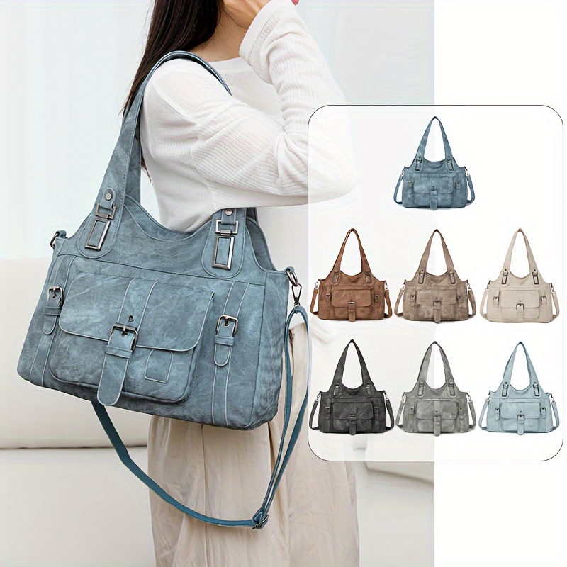 

Vintage-style Women’s Tote Bag With Detachable Shoulder Strap, Synthetic Leather, Multiple Compartments, Zip Closure – Light Blue/grey/blue/black/brown/