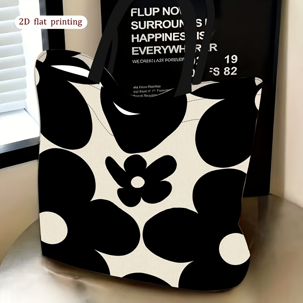 TEMU 1pc, 2d Flat [printed Design - Not Textured] Women's Shoulder Bag, Black And White Floral Pattern Theme, Daily Use, Multi-functional Handbag,