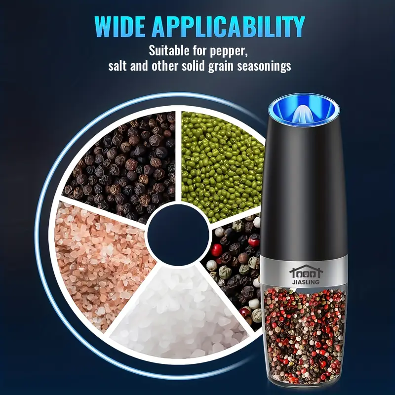 2pcs gravity powered electric salt and pepper grinder battery powered led handed automatic operation adjustable coarse grinder grinder black rocking chair gadget gift battery powered Product details 4
