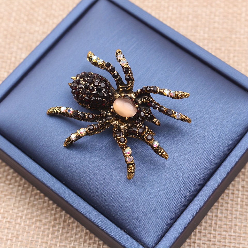 

Elegant Vintage Black Spider Brooch With Gemstones - Retro-inspired Animal Insect Pin, Perfect Accessory For Dresses & Sweaters