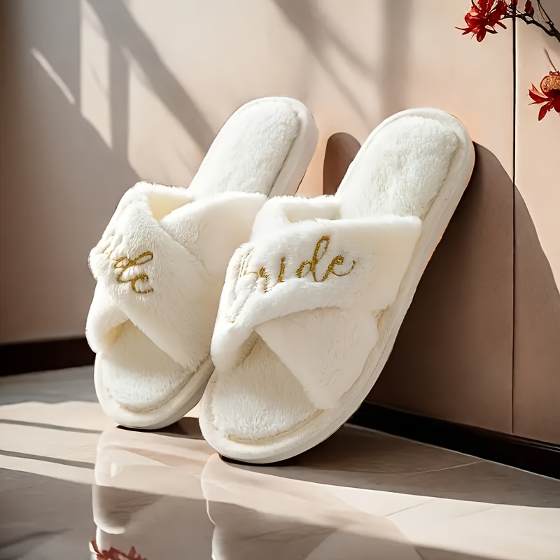 

Simple Letter Design Bride Slippers, Casual Toe Plush Shoes, Comfortable Indoor House Slippers With Fabric Upper, Eva Sole, And Fabric Insole