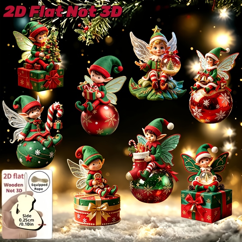TEMU 2d Flat, 8pcs Cute Wooden Ornaments Set - 2d Flat Back Christmas Tree Toppers And Collectible Hangings, Durable Wood Material, Design, Suitable