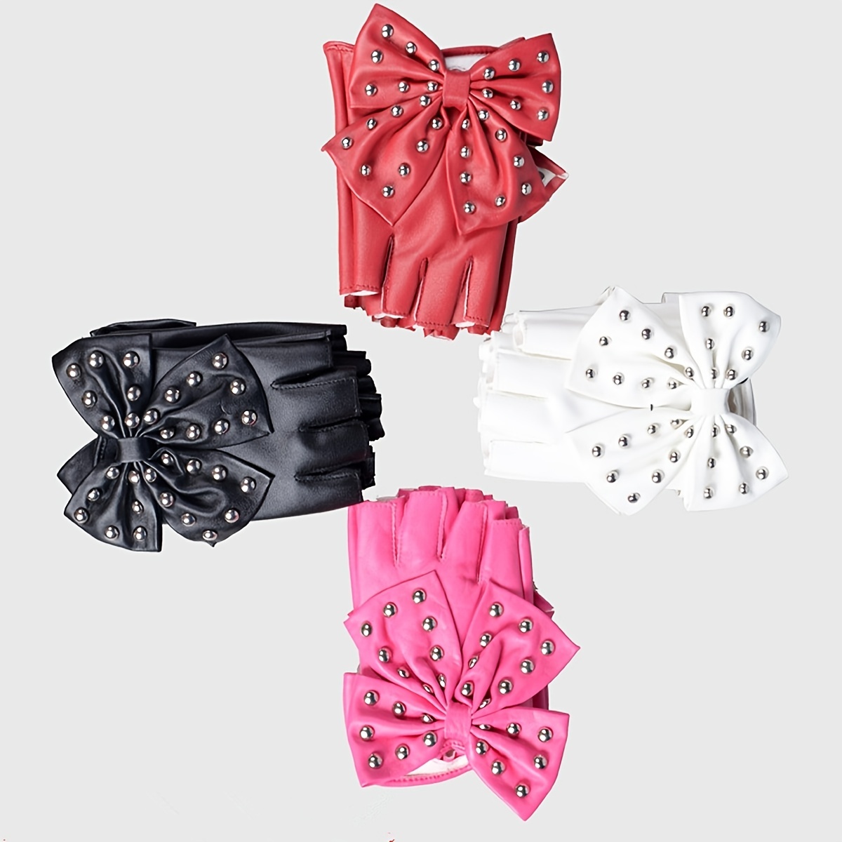 

1 Pair Women's Rivet Embellished Large Bow Leather Half Finger Gloves, Solid Color, Non-stretch, Decorative Knitted Party Gloves For - No Feathers