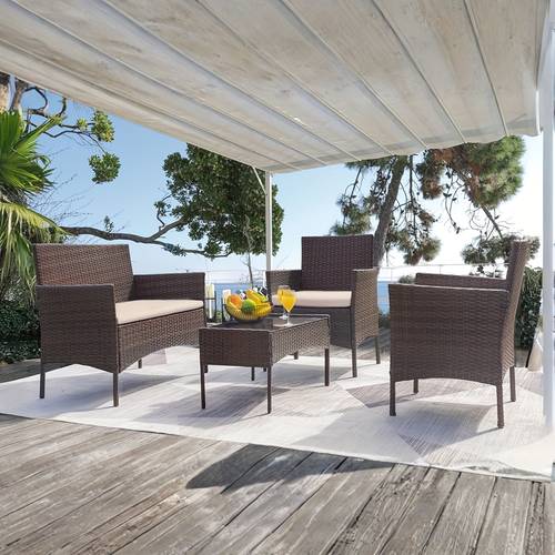 4pcs outdoor lounge set pe rattan conversation set with tempered glass table high density cushions all weather patio furniture for garden balcony porch