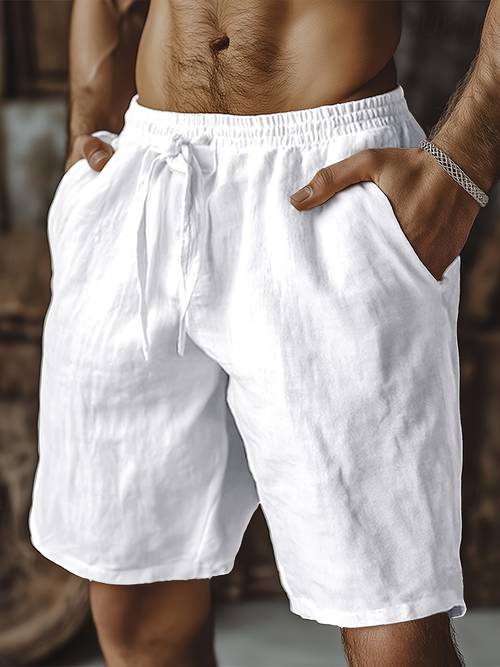 mens linen shorts summer shorts with drawstring pockets elastic waistband solid color comfortable and breathable casual daily vacation style