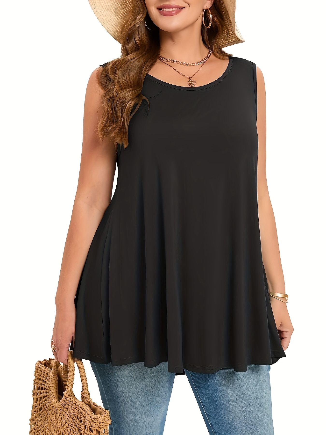 Women's Plus Size Sleeveless Olive Green Round Neck Tank Top - Loose Fit Summer Vacation Top, Machine Washable Casual Chic Shirt for Beach Outings & Lounge Wear, Summer Tank Tops