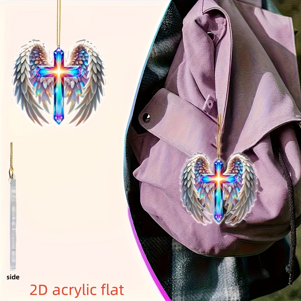 2D Flat, Angel Wings and Cross Car Hanging Ornament
