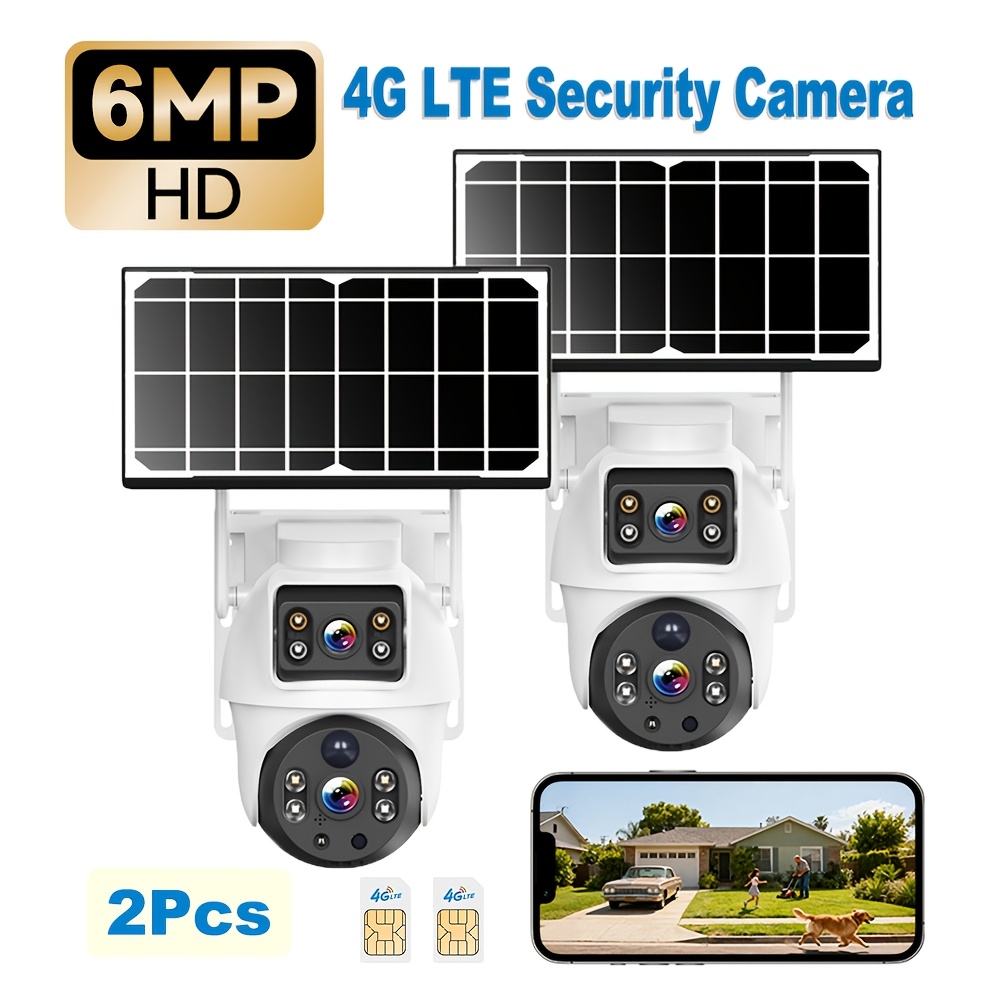 TEMU 2pcs 6mp Outdoor 4g Solar Dual Lens Camera, Motion Detection, 2 Way Audio, Night Vision, Alarm Push, For Home Security