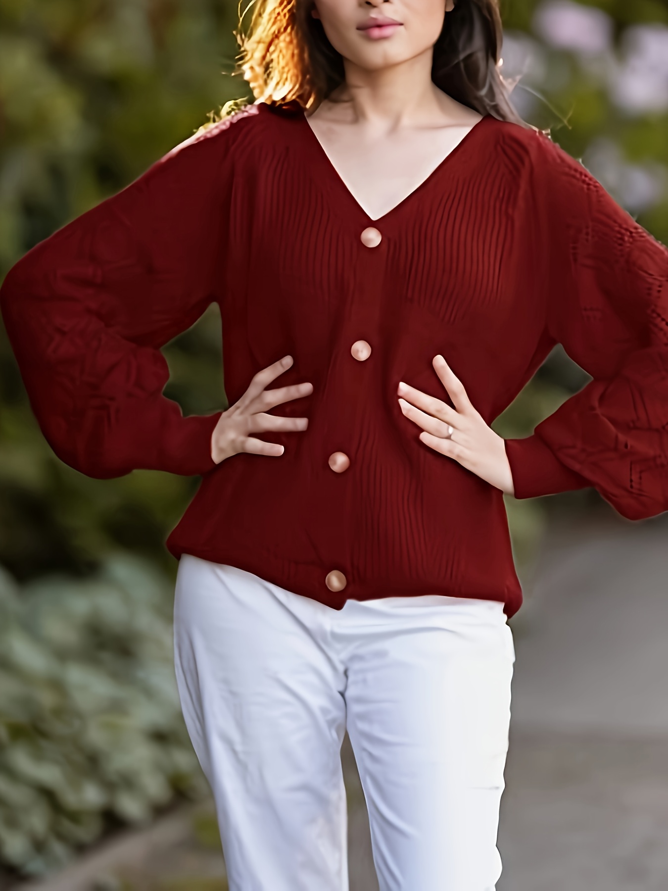 Women'S Red V-Neck Cardigan with Button Front Long Sleeve, Ribbed  Spring/Fall, Casual Wear Cardigan Cardigan Construction, Cardigan