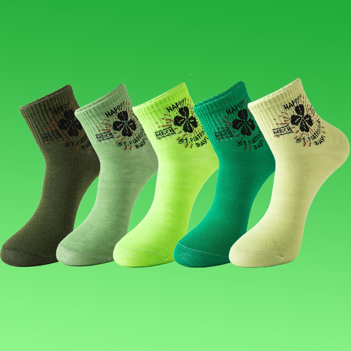 

5 Pairs Of Men's Trendy Saint Patrick Day Lucky Clover Pattern Crew Socks, Breathable Comfy Casual Unisex Socks For Men's Outdoor Wearing All Seasons Wearing