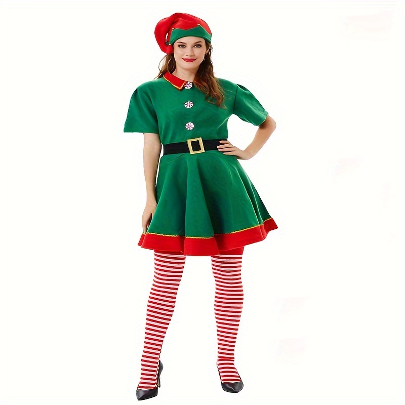 TEMU Women's 4pcs Christmas Elf Costume Set - Polyester Elf Dress, Hat, Belt, Striped Stockings For Holiday Parties & Halloween - Universal Adult