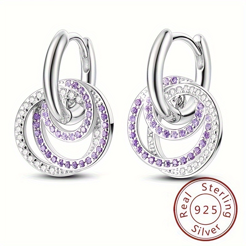 

1 Pair Silver Gram Weight 3g Hot Sale 100% Genuine 925 Sterling Silver Purple Zirconia 3-ring Earrings For Women To Make Jewelry As A Fashionable Gift For Seddings, Parties, Birthdays