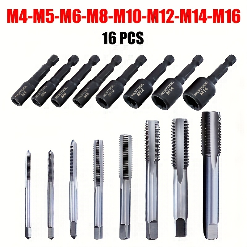 12pcs/16pcs Tap Socket Adapter Set M4-m16 Alloy Steel Metric Screw Tap 1/4 Inch Hex Shank Machine Tap Socket Lengthened Tapping Hand Tools