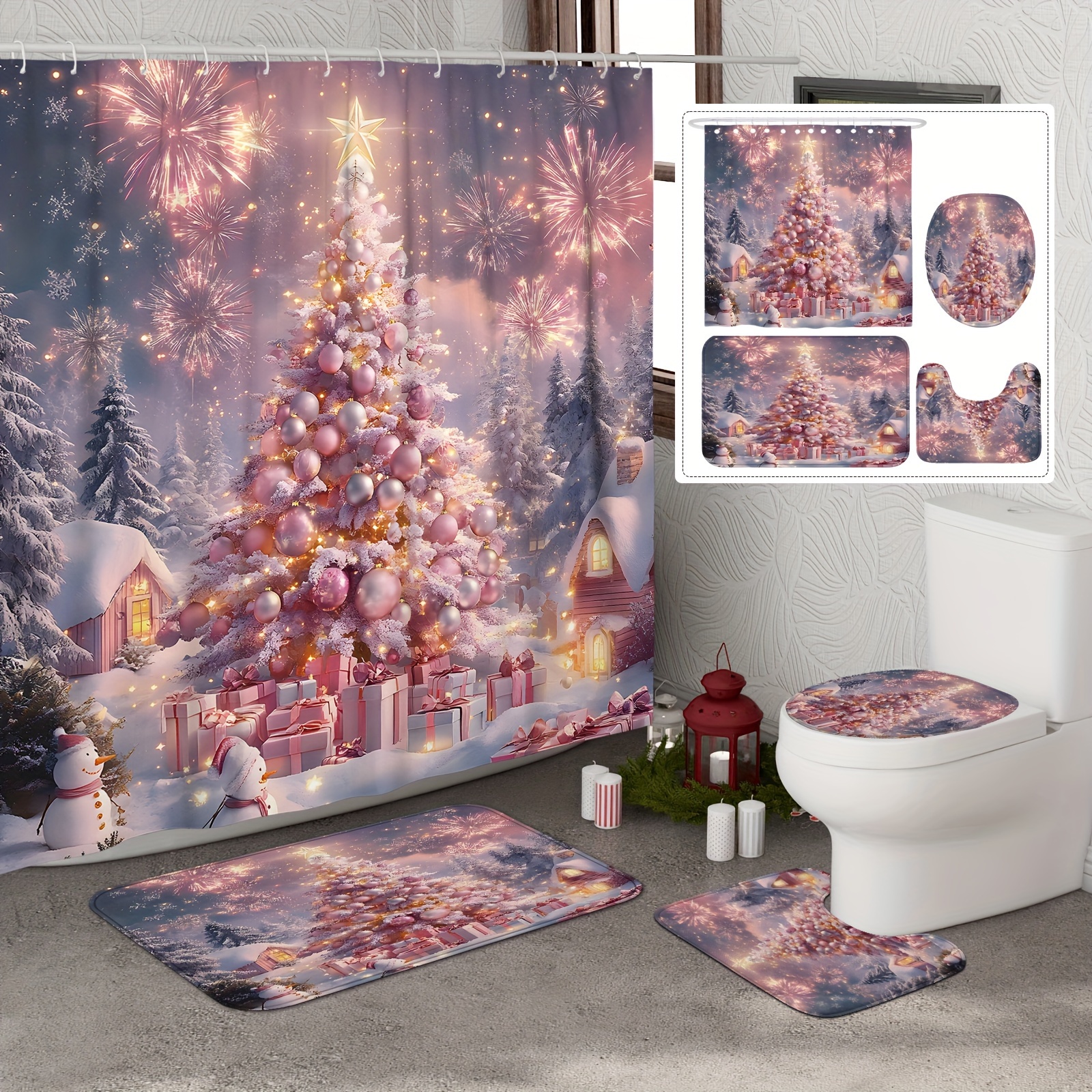 

/4pcs Christmas Curtain Set Curtain And Rugs Polyester For Bathroom Or Decor 12 Bath Mat Lid Mat