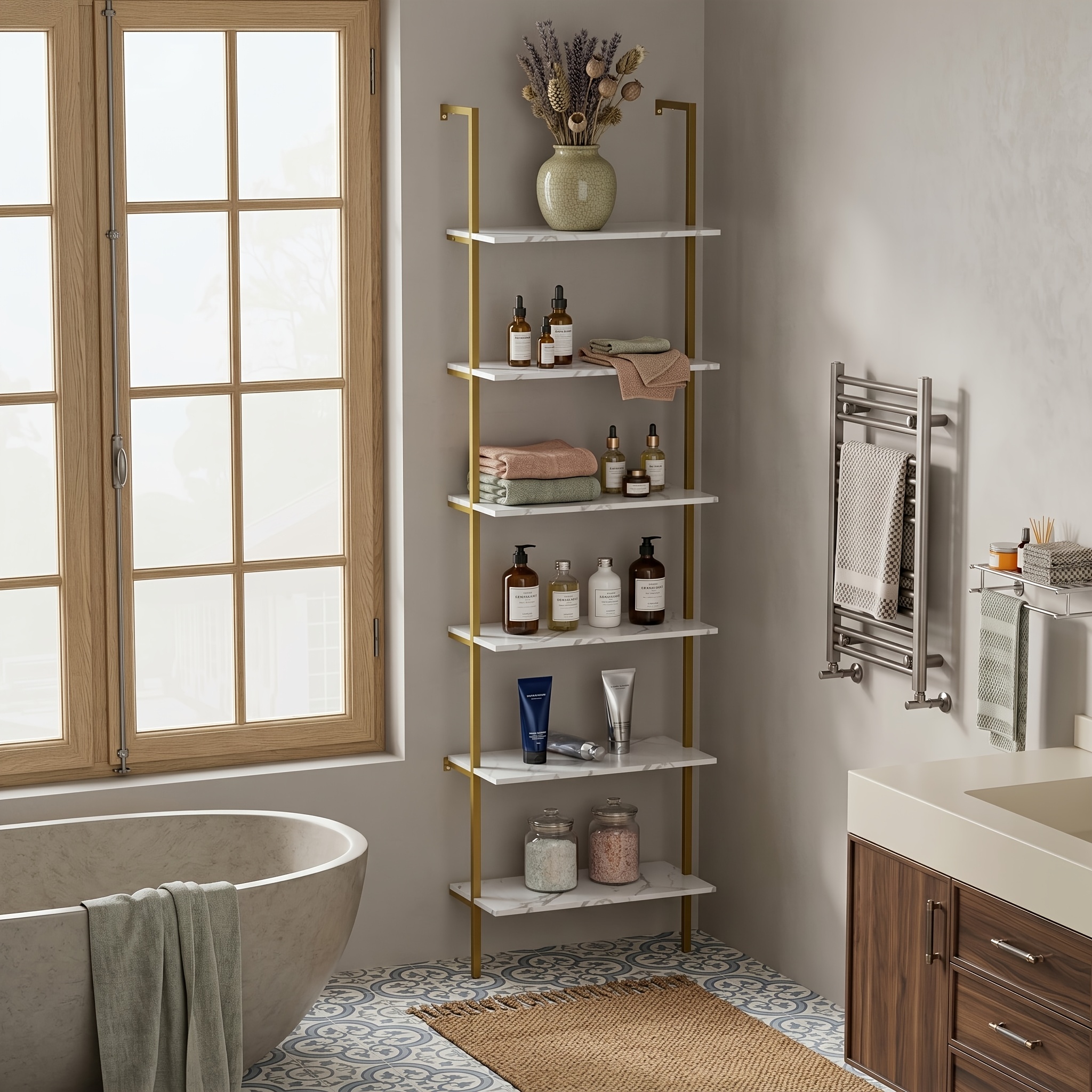 6 Tier Industrial Wall Mounted Shelves, White Faux Marble Floating Shelves, Open Storage Display Plant Rack for Living Room Kitchen Bedroom Office