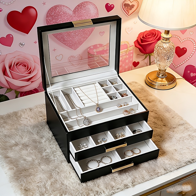 Image of Jewelry Storage Box, Jewelry Organizer With 2 Drawers And Glass Lid, , Ideal Gifts For Valentine's Day, Mother's Day And Thanksgiving, Jewelry Boxes