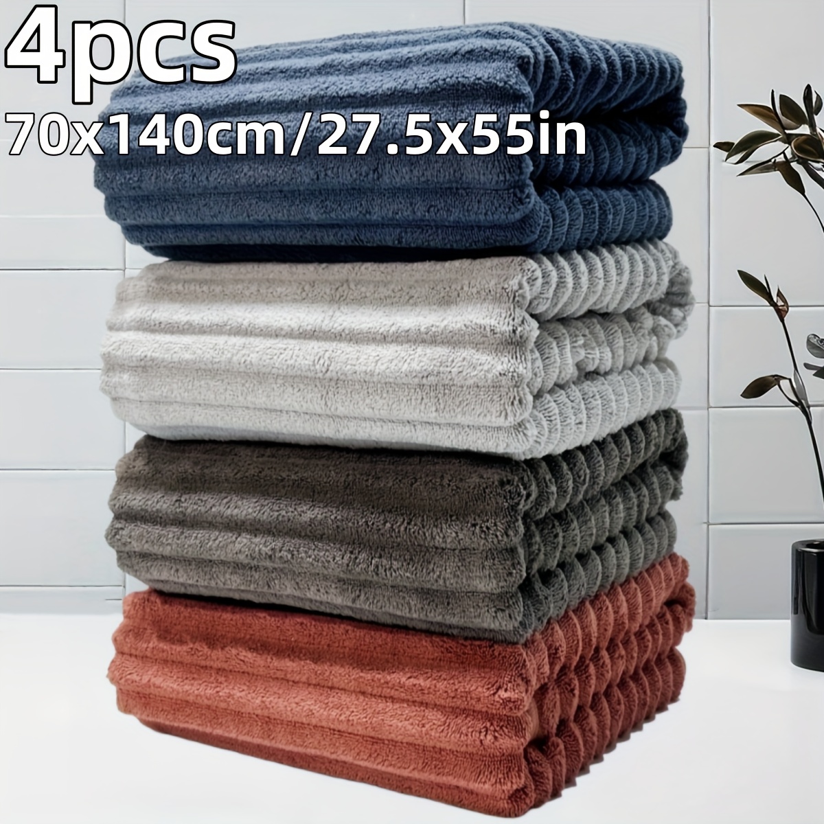 TEMU Striped Style 4pcs Bath Towel Set, Size 27.5 X 55.1 Inches, Coral Fleece Material Towels, Space-themed Polyester Nylon Blend, With Convenient