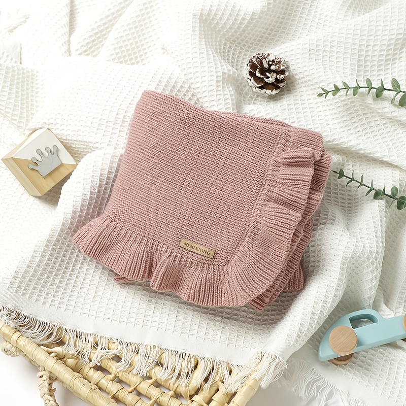 1pc   solid color acrylic knit blanket with ruffle trim soft cozy hand wash only throw for autumn and winter details 8