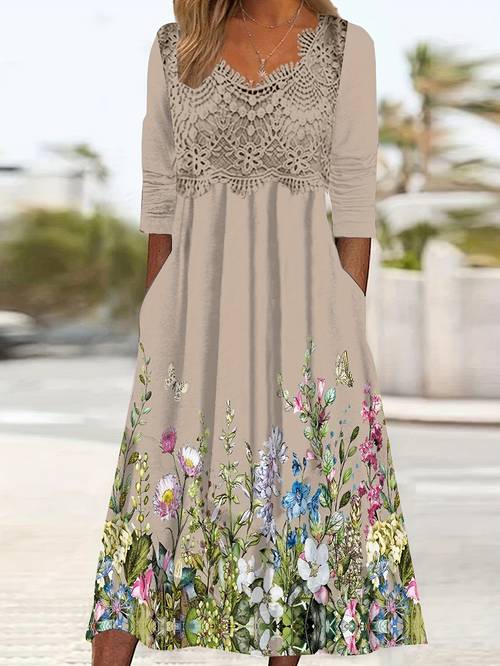 womens plus size floral print v neck midi dress with contrast lace detailing long sleeves elegant casual wear for fall winter long sleeve dress