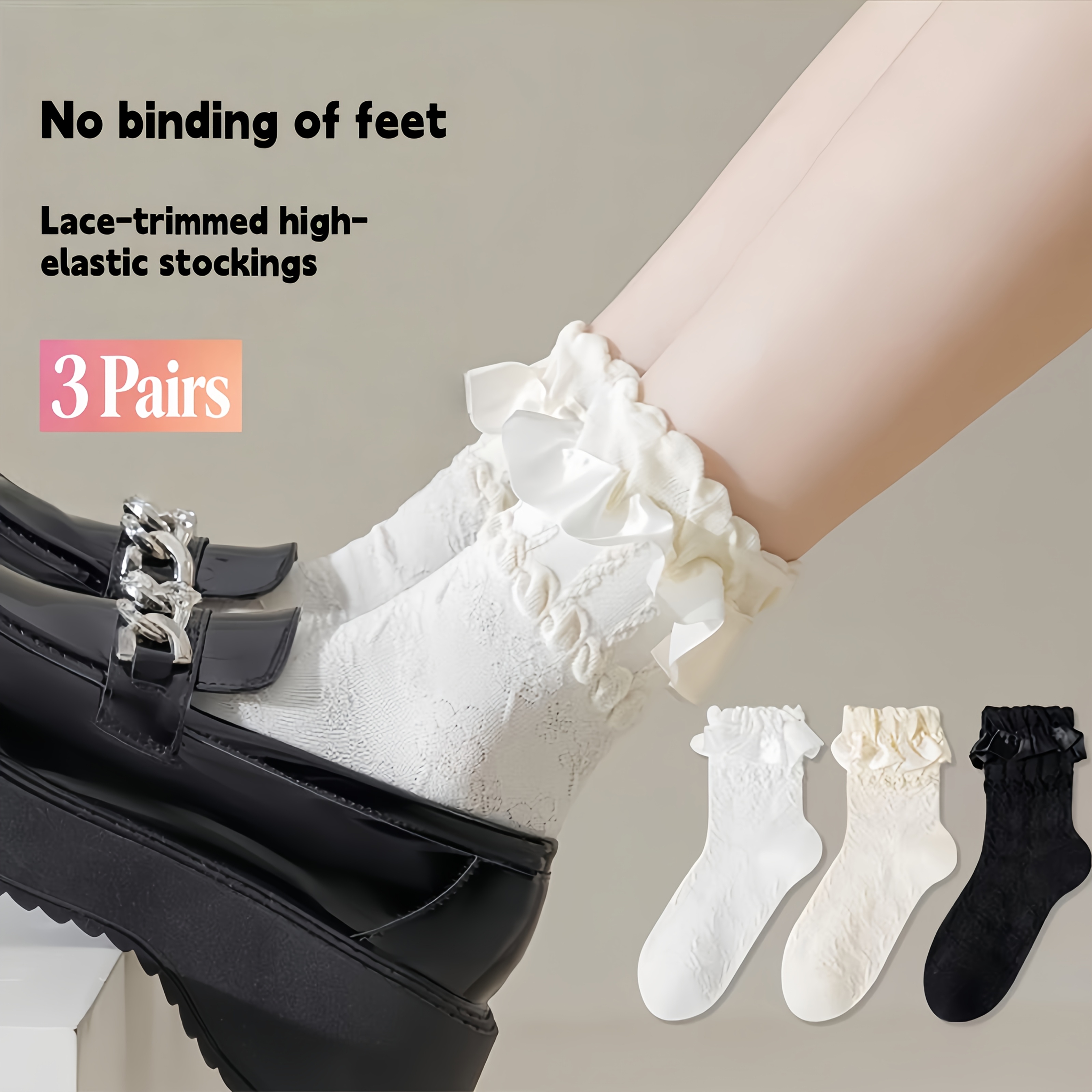 TEMU 3 Pairs Mixed White Princess Thin Socks Lace Stockings With Lace Spring Summer Jk Mid-calf All-match Socks Women