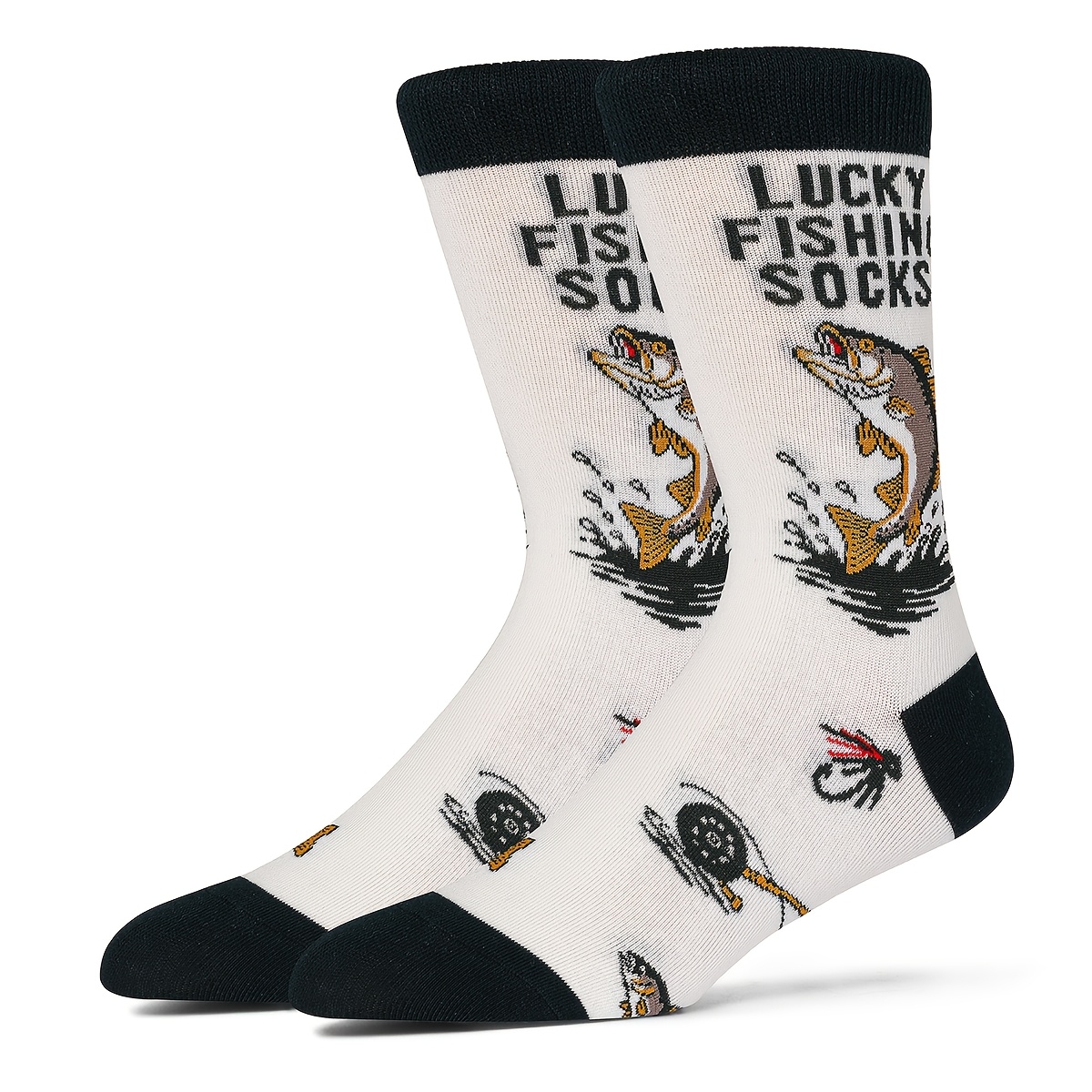 TEMU 1 Pair Of Unisex Fishing-themed Printed Mid-calf Socks, Warm And Comfortable Outdoor Ankle-length Socks For Fishing