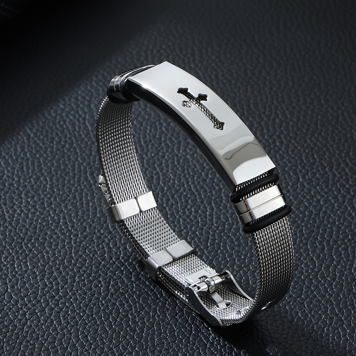 Men's Adjustable Stainless Steel Mesh Cross Bracelet, Gift for Him