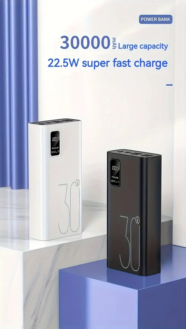 22,5w супер швидке заряджання power bank, 30000mah портативний зарядний пристрій з usb type-c, 20w pd подвійне швидке зарядження, перезаряджуваний літій-полімерний акумулятор, ≤36v робоча напруга для мобільних пристроїв детальніше 0