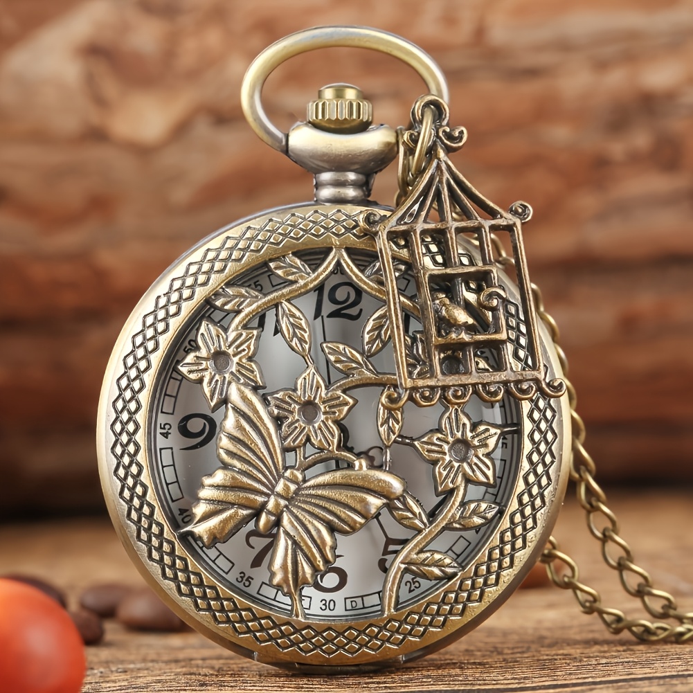 Vintage Bronze Hollow Pocket Watch, Creative Pocket Watch With 3d Necklace And Birdcage Pendant, Commemorative Gift