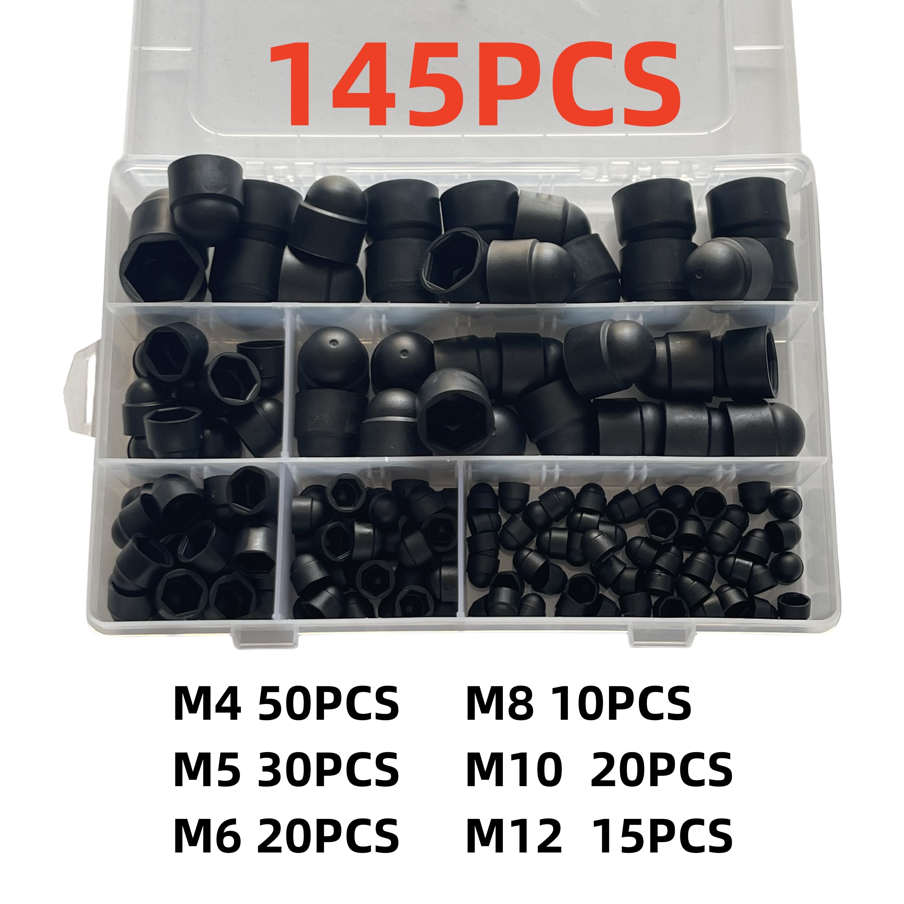 E-shop 145 Stück Sechskantmuttern Bolzenkappen, M4-M12 Nylon Muttern Dome Sechskantkappen zum Schutz von Sechskantschrauben und Set