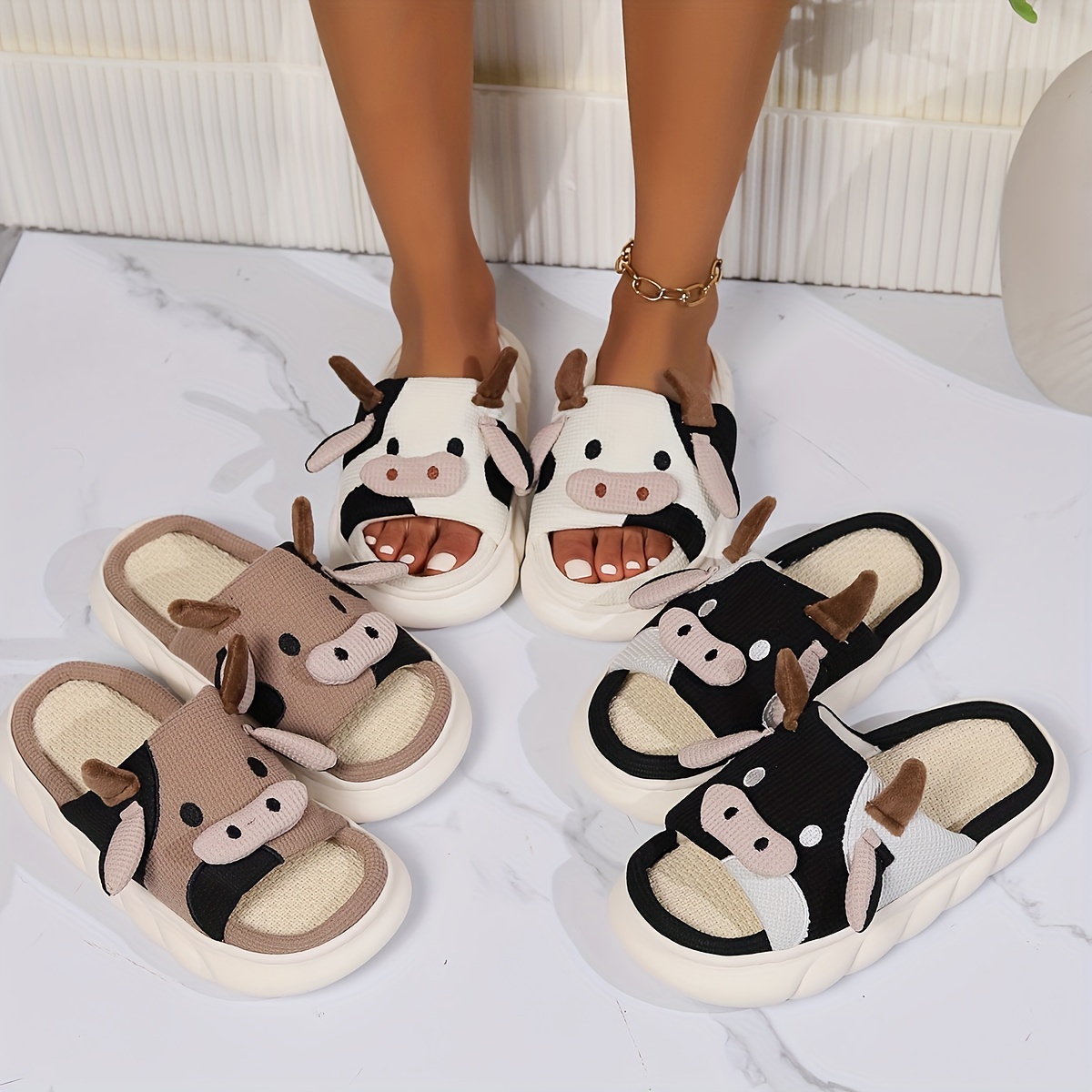 

Cute Cartoon Cow Platform Slippers, Breathable Soft Sole Open Shoes, Comfortable Indoor Foor Slippers