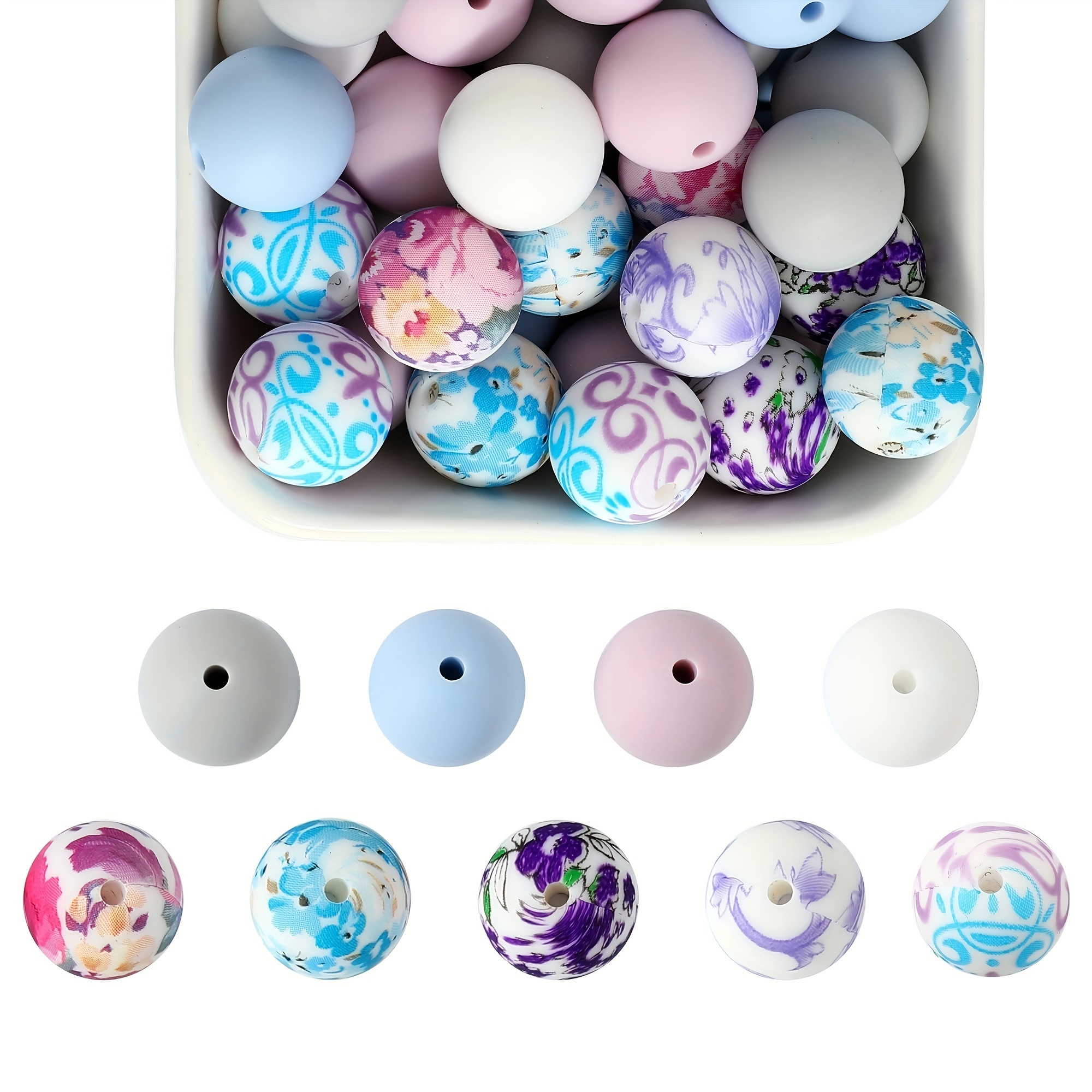 

50 Silicone Beads Mixed With Violet And Lilac Tones Flower Printed Round Craft Beads For Diy Bracelet Keychain Necklace Jewelry Making