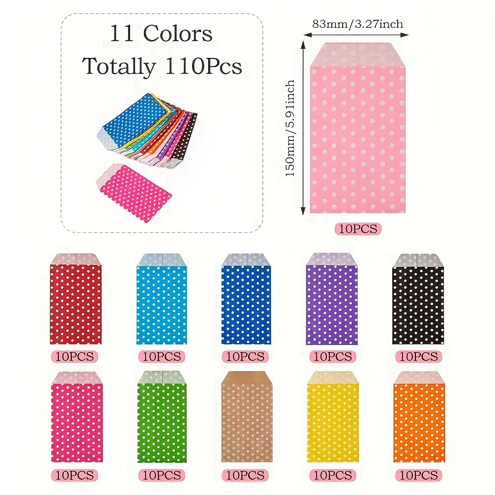 Image of Gift For Her/him 110-pcs 11 Colors Paper Bags, No Handles, Storage Bags, White Polka Dot Pattern, Mixed Color, 15x8.3x0.02cm, 10-pcs/color, For Wedding Party Birthday Gift Bag