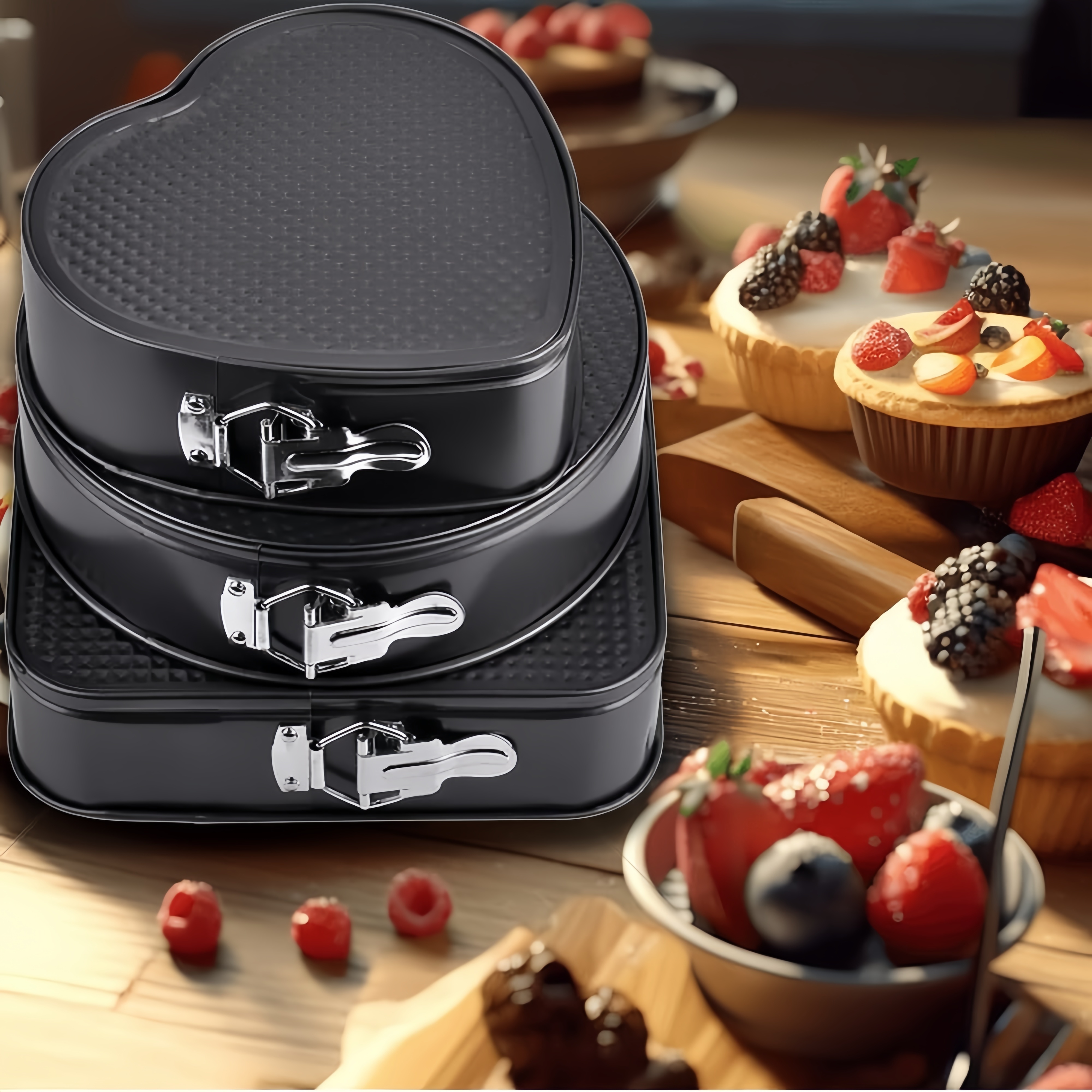 3pcs non stick baking pans set carbon steel cake pans with removable bottoms for cheesecake bread manual round heart shaped leakproof bakeware for mothers day professional home baking 9 10 11 inches details 4