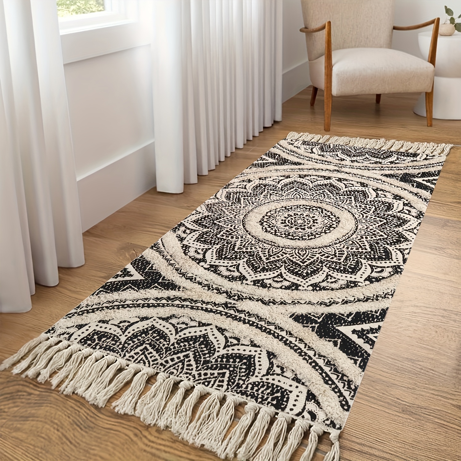Washable Handmade Black and Cream Bohemian Runner Rug