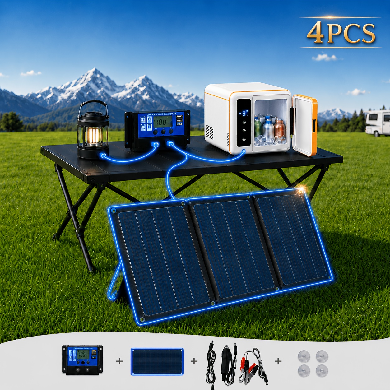 Upgraded 4pcs Solar Panel Set | 18v Monocrystalline Charging Panel With 100a Controller, Cable Set, Battery Clips & Suction Cups For Rv, Camping, Travel & Fishing