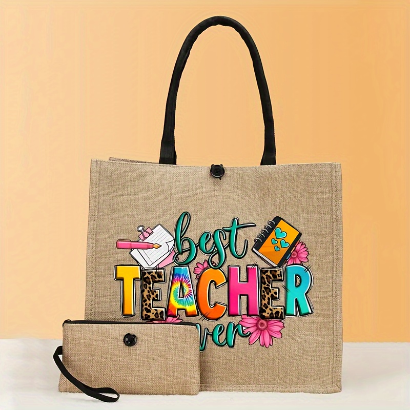 

Top-handle Bag For Teachers With Matching Wallet, Fabric Tote With Fixed Shoulder Straps, Hand Washable, Closure, Polyester Lining, Lightweight , Unique "best Teacher Ever" Design, Baigou