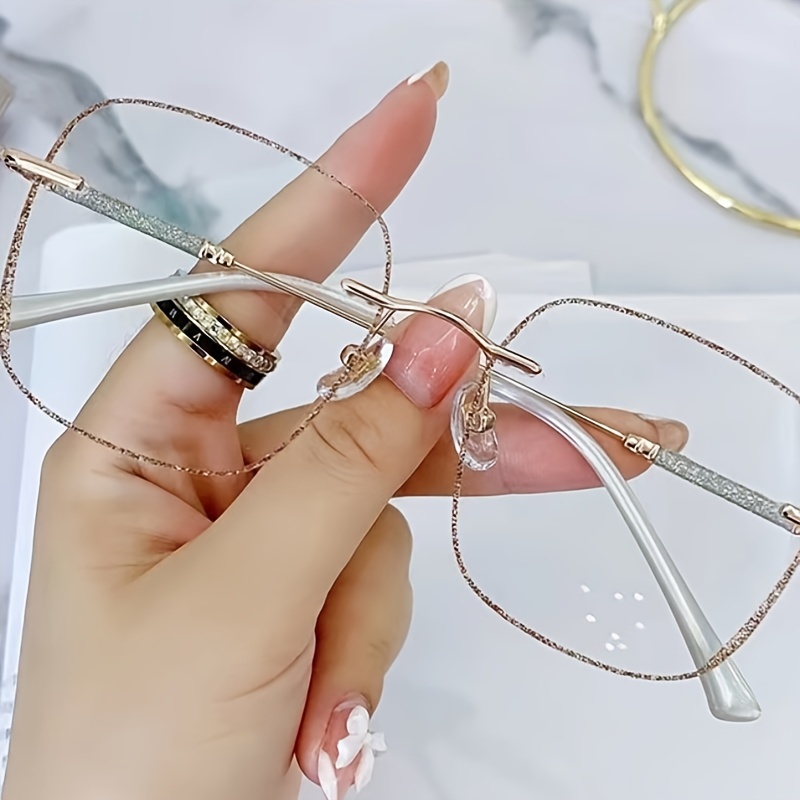 

Chic Rimless Geometric Metal Frame Glasses - Y2k/minimalist Style With Rose Golden Accents, Includes Stylish Case