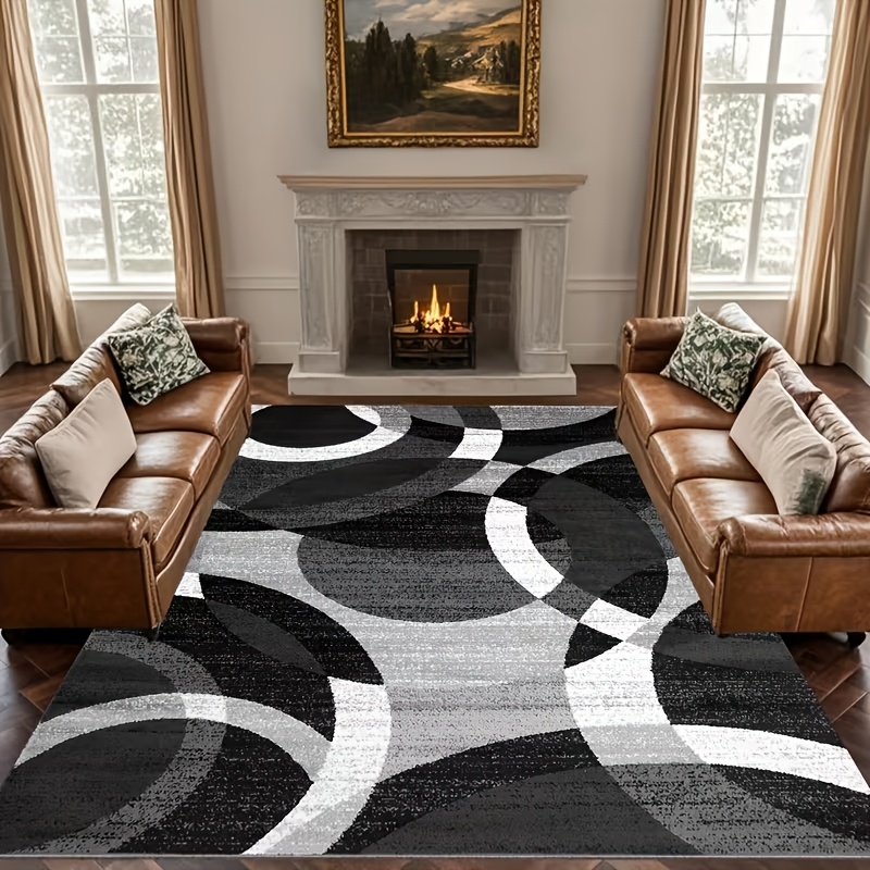 TEMU Geometric Patterned Rug Black, White, And -end Machine-washable Dirt-repellent Soft Lightweight Comfortable Fabric Non-slip Backing Design Ideal