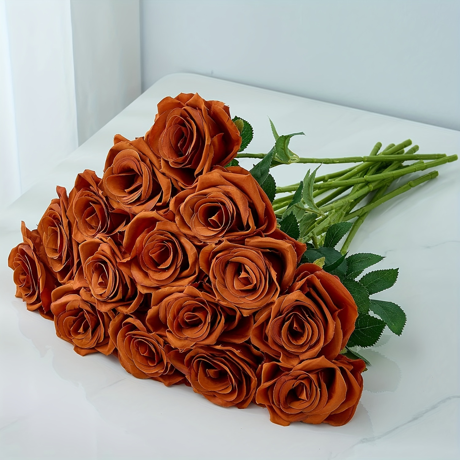 

Set Of 6 Caramel Fabric Artificial Roses With Long Stem And Lifelike Leaves - Realistic Faux Floral Bouquet For Home Decor And Accents
