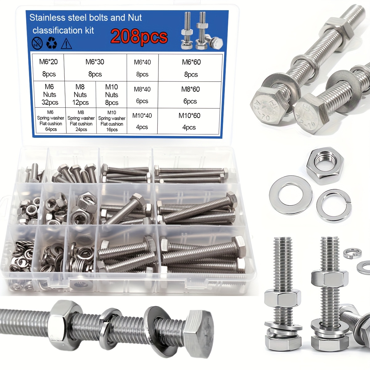 E-shop 208-teiliges M6, M8, M10 Edelstahl Sechskant-Schrauben- Mutternset, Sechskantmutter Flachscheiben-Set, Sechskantschraube, Flachscheibe,