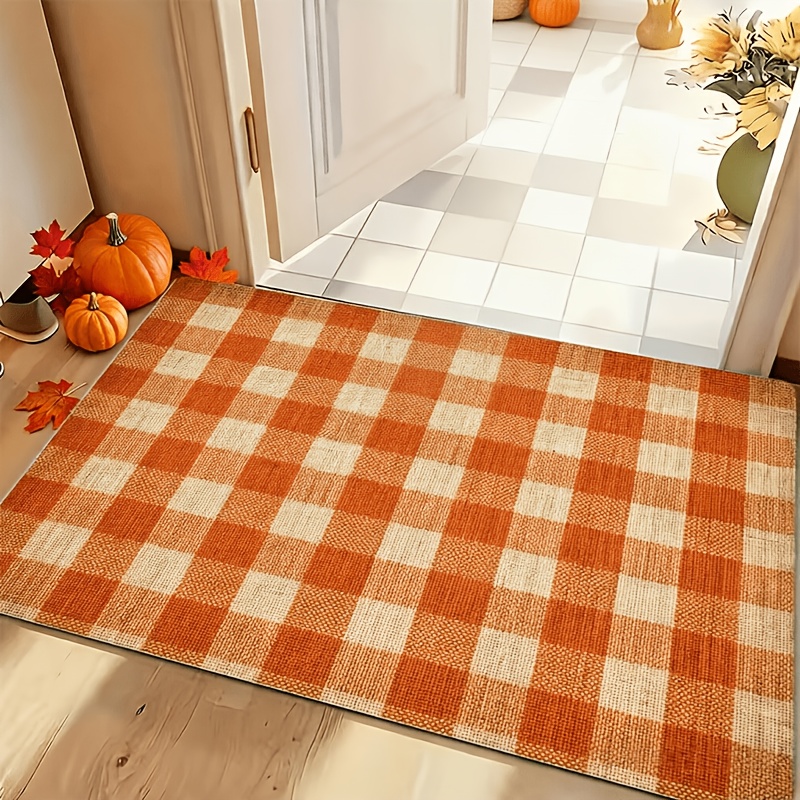 TEMU 1pc 2d Flat Printing Flannel Material Door Mat, Outdoor Courtyard Door Mat, 1 Indoor Foyer Welcome Mat, Orange Pattern Flannel Material,