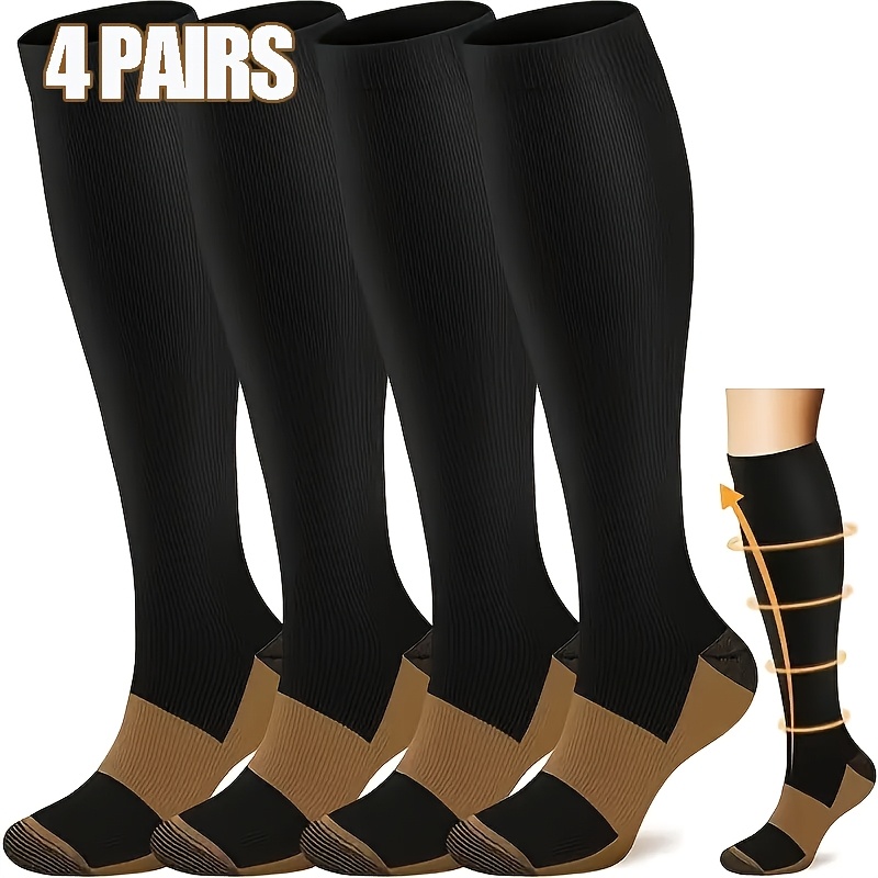 

4 Pairs Copper Infused Socks, Unisex, Knit Fabric, 85% Polyester, 13% Elastane, 2% Spandex, Solid Color, Support For Running & Cycling, Hand Washable