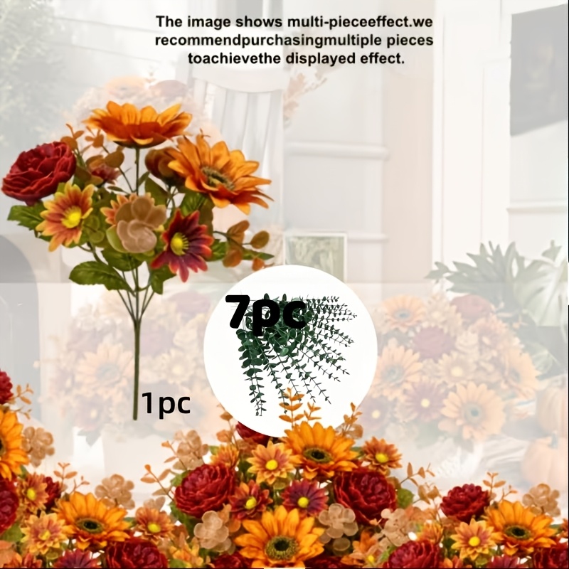 TEMU Lot de 8 bouquets de fleurs artificielles mélangées aux chauds d'automne, , souci, -vin, , petite marguerite rouge-orangée, combinaison de