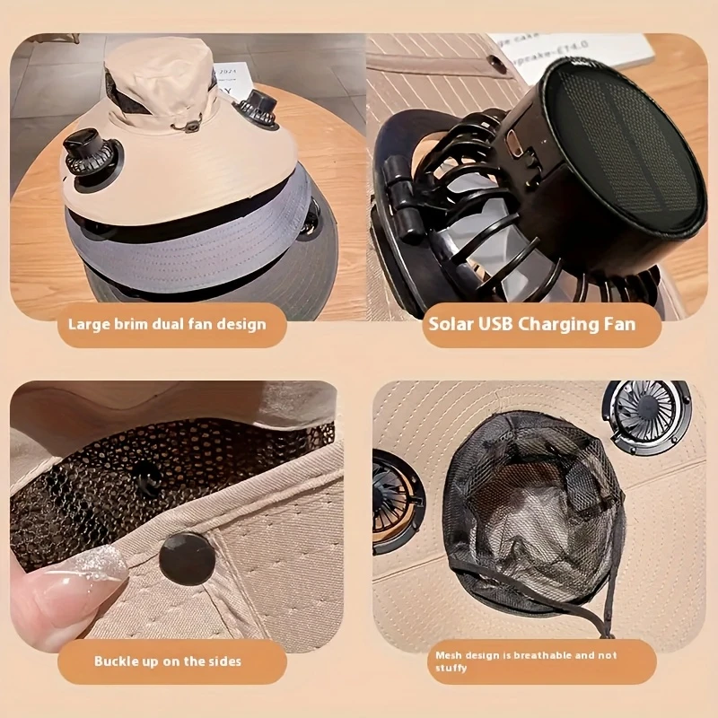 solar fan cap uv resistant outdoor wide brimmed fishermans cap with 2 180 adjustable fans upf50 usb and solar powered suitable for beach camping outdoor fishing without battery details 3