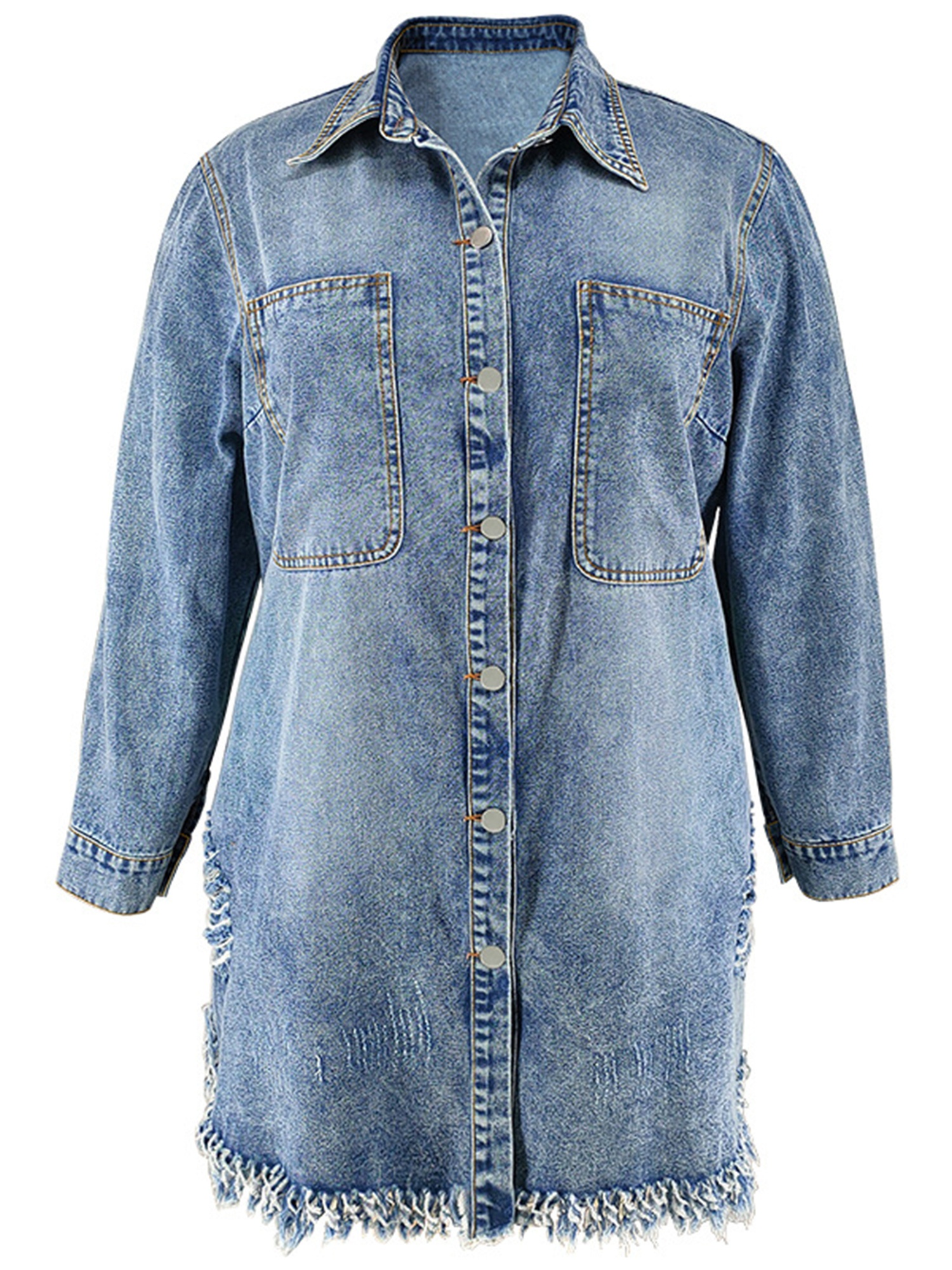 Women'S Plus Size Denim Shirt Dress Long Sleeve Lapel Button Ripped Tassel  Hem Jacket