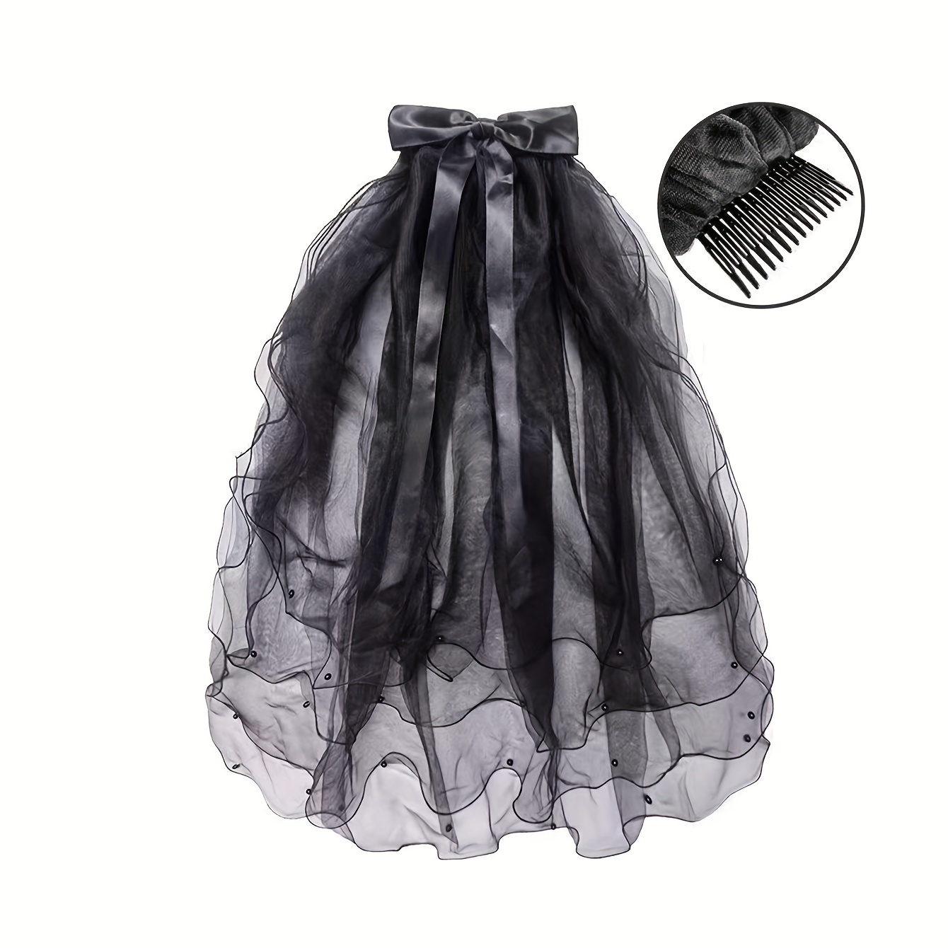 1 pieza de velo negro con cuentas y volantes de varias capas con decoración  de perlas negras y lazo anudado de estilo nupcial gótico, ideal para bodas